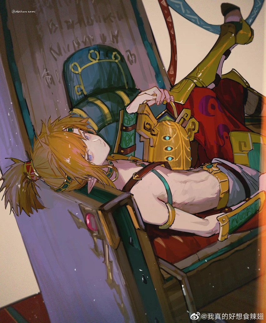 1boy abs akihare armor baggy_pants blonde_hair blue_eyes circlet crossed_legs cuisses desert_voe_set_(zelda) earrings greaves helmet highres holding holding_helmet hoop_earrings igote jewelry link looking_at_viewer looking_back lying male_focus neck_ring nintendo on_back pants pectorals red_pants shin_guards sitting_sideways solo the_legend_of_zelda the_legend_of_zelda:_breath_of_the_wild throne toned toned_male topknot