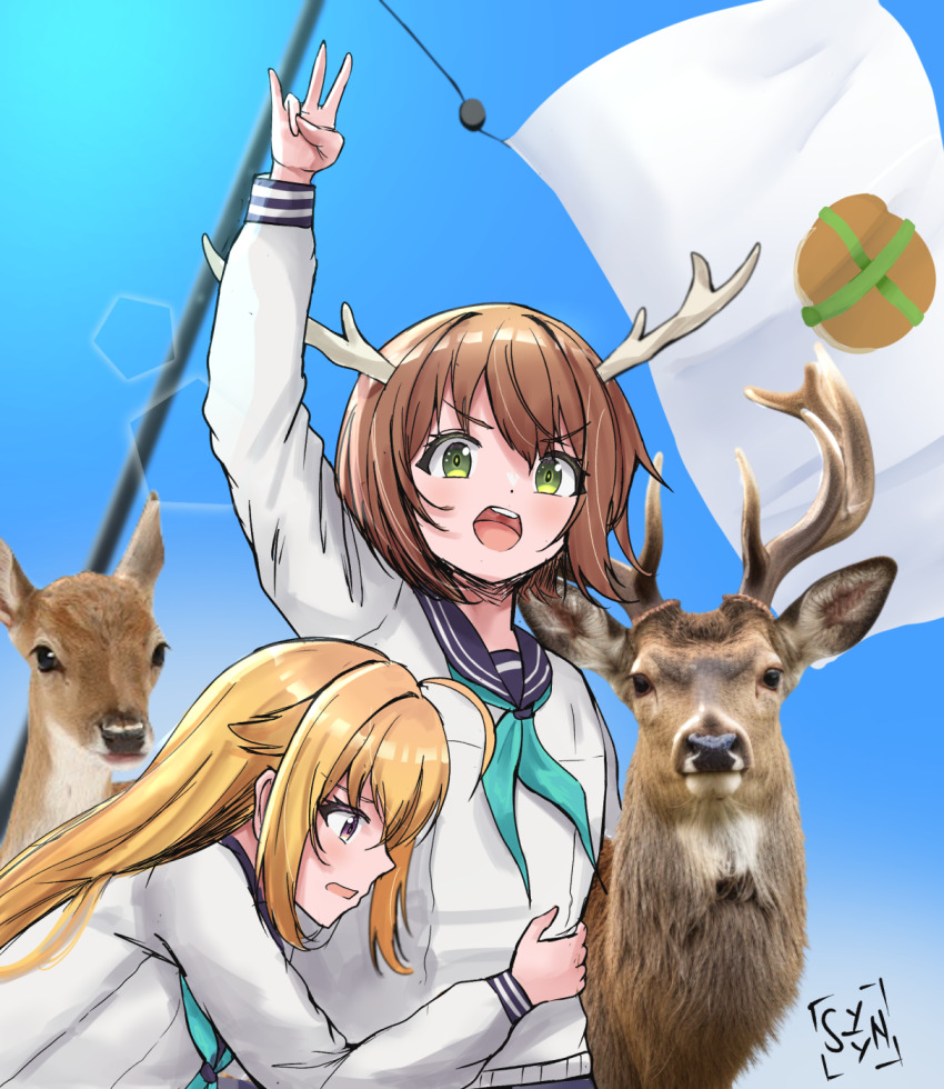 2024_attempted_assassination_of_donald_trump 2girls ahoge animal antlers aqua_neckerchief arm_up artist_name blonde_hair blue_sailor_collar blue_sky brown_hair cracker day deer deer_antlers deer_cracker deer_girl flag flagpole food green_eyes highres horns hug koshi_torako lens_flare light_blush long_hair long_sleeves looking_at_viewer meme multiple_girls neckerchief open_mouth outdoors photo-referenced profile purple_eyes sailor_collar school_uniform serafuku shikanoko_noko shikanoko_nokonoko_koshitantan shirt short_hair sky sunlight syyn_(syyndev) teeth upper_body upper_teeth_only white_shirt