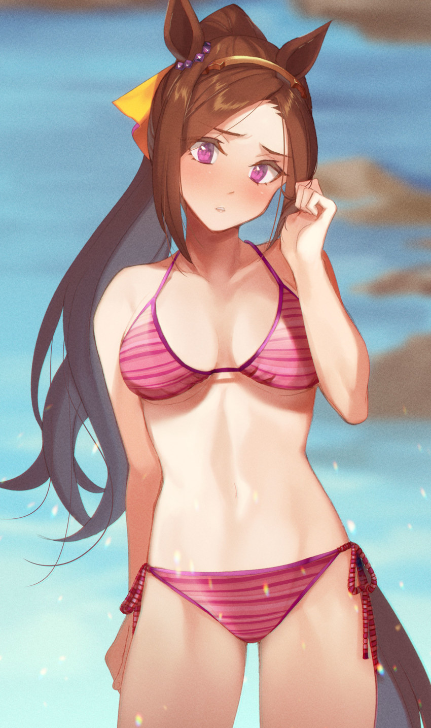 1girl animal_ears bikini breasts brown_hair commentary_request cowboy_shot halterneck highres horse_ears horse_girl horse_tail kabocha_(monkey4) long_hair looking_at_viewer medium_breasts pink_bikini ponytail purple_eyes sakura_bakushin_o_(umamusume) side-tie_bikini_bottom solo standing string_bikini striped_bikini striped_clothes swimsuit tail umamusume