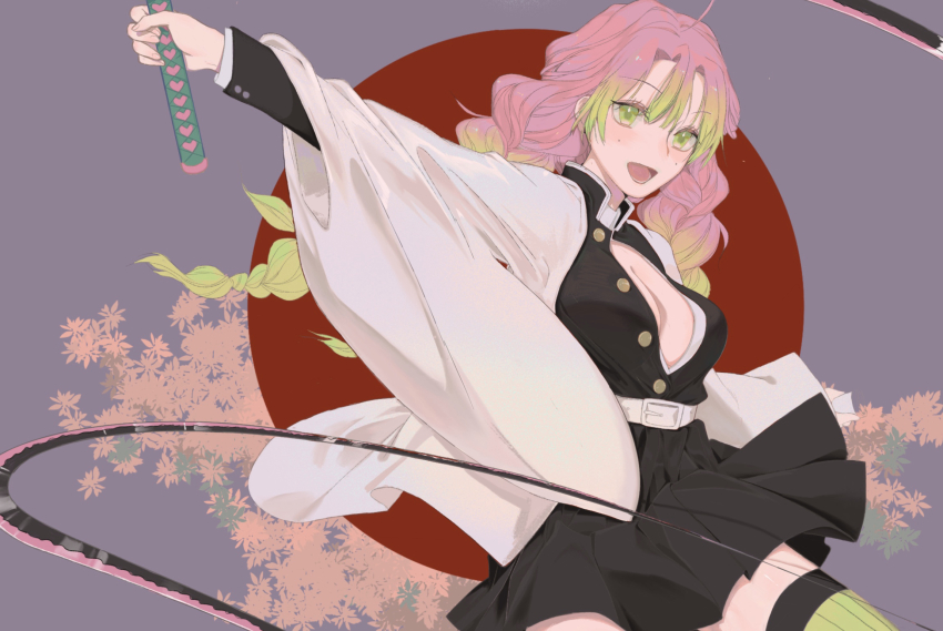 1girl :d blush braid breasts cleavage demon_slayer_uniform gradient_hair green_eyes green_hair hair_between_eyes highres holding holding_sword holding_weapon japanese_clothes japanese_flag kanroji_mitsuri kimetsu_no_yaiba long_hair long_sleeves looking_at_viewer medium_breasts mole mole_under_each_eye mole_under_eye multicolored_hair multiple_moles open_mouth papapapaqiang pink_hair skirt smile solo sword thighhighs twin_braids two-tone_hair unbuttoned unbuttoned_shirt weapon