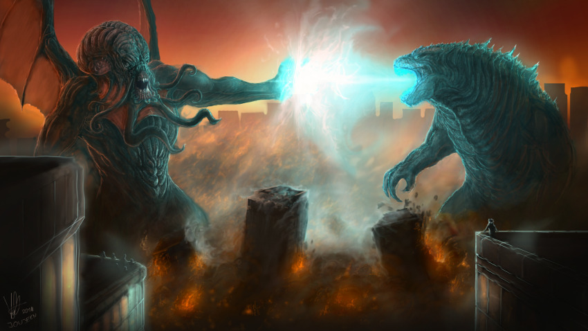 atomic_breath battle breath_weapon call_of_cthulhu cephalopod_eyes city crossover cthulhu cthulhu_mythos destruction eldritch_abomination energy energy_beam extra_eyes giant giant_monster glowing_mouth godzilla godzilla_(series) highres joujeen kaiju monster mouth_beam no_humans open_mouth plasma plasma_beam spines tentacles toho wings