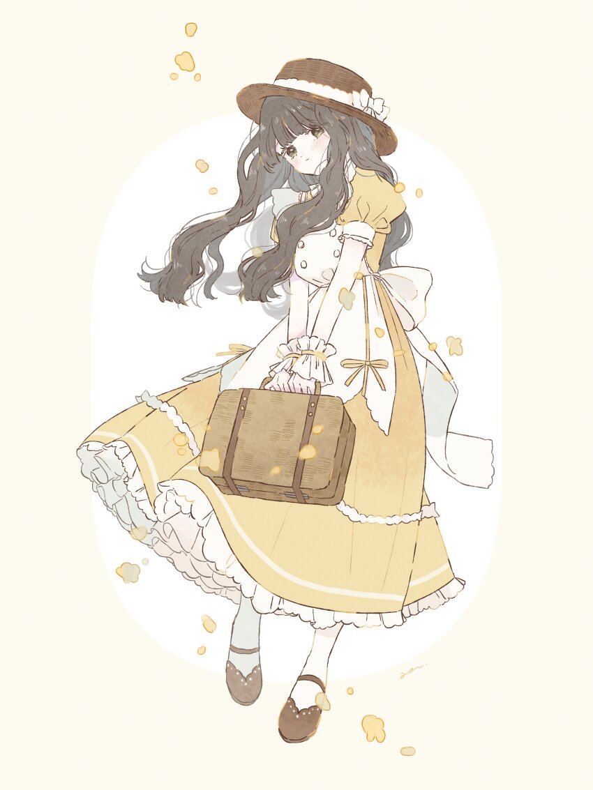 1girl :| absurdres apron back_bow bag blunt_bangs blush boater_hat bow brown_background brown_eyes brown_footwear brown_hair brown_hat buttons closed_mouth double-breasted dress expressionless frilled_apron frilled_dress frills full_body hat hat_bow head_tilt highres holding holding_bag long_dress long_hair looking_at_viewer original own_hands_together pantyhose petticoat pleated_dress ppptms puffy_short_sleeves puffy_sleeves shoes short_sleeves signature solo straight_hair suitcase two-tone_background white_apron white_background white_bow white_pantyhose white_wrist_cuffs wrist_cuffs yellow_dress