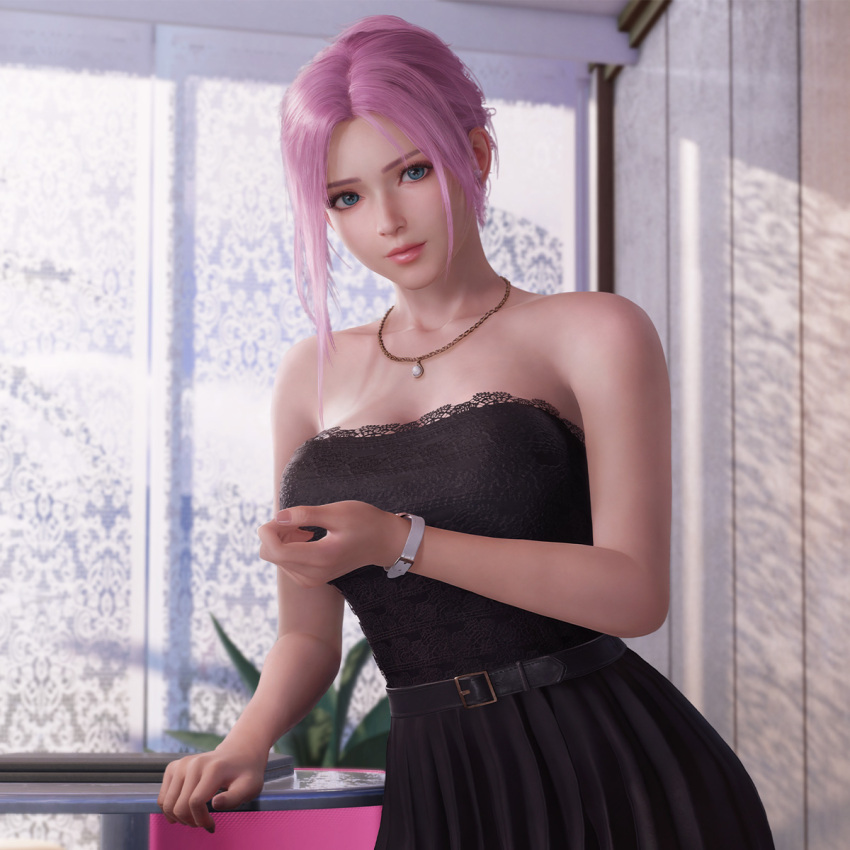 1girl bare_shoulders black_dress blue_eyes breasts cleavage collarbone dead_or_alive dead_or_alive_xtreme dead_or_alive_xtreme_venus_vacation dress elise_(doa) highres jewelry large_breasts leaning_on_table looking_at_viewer necklace official_art purple_hair smile venus_vacation_prism:_dead_or_alive_xtreme watch wristwatch