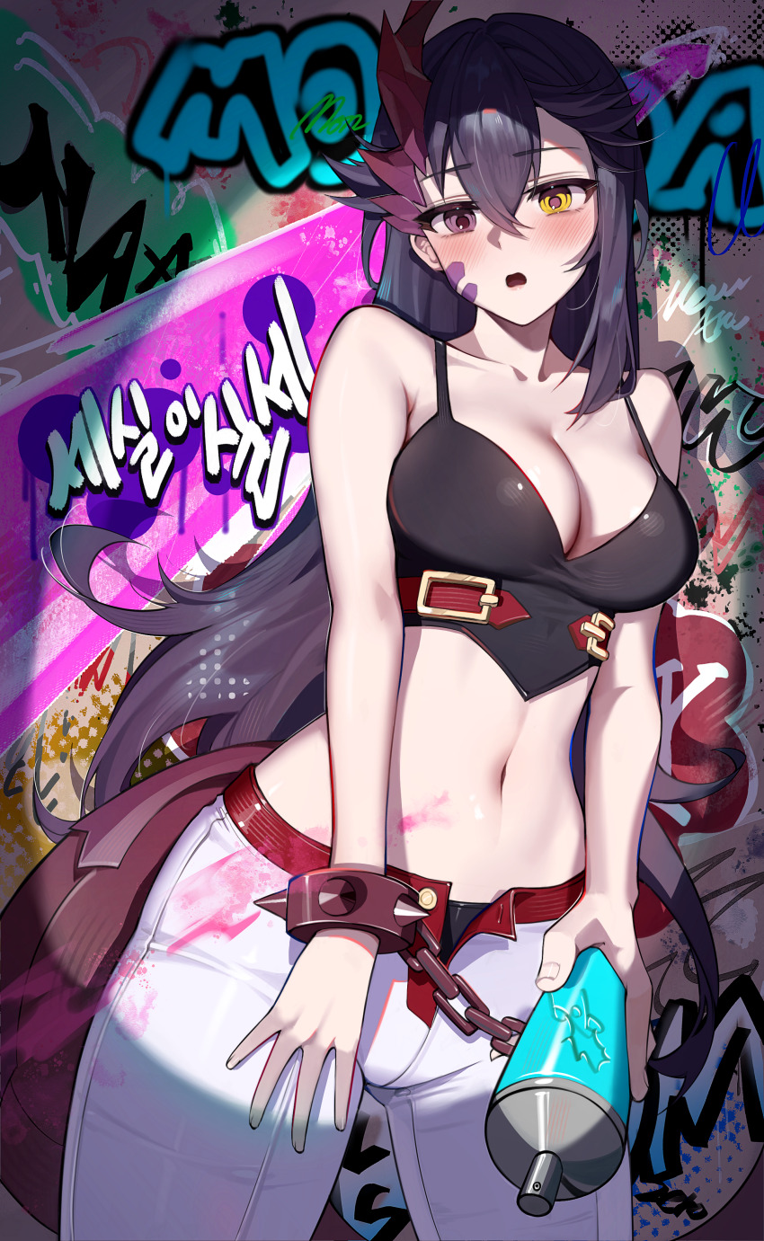 1girl absurdres bare_arms bare_shoulders black_hair black_shirt breasts can cleavage collarbone commentary_request commission cowboy_shot crop_top cuffs graffiti hair_between_eyes handcuffs heterochromia highres holding holding_can horns korean_commentary large_breasts long_hair looking_at_viewer midriff miraeearim navel open_fly open_mouth original pants purple_eyes second-party_source shirt sleeveless sleeveless_shirt solo spaghetti_strap spray_can standing stomach strap_gap tail very_long_hair white_pants yellow_eyes