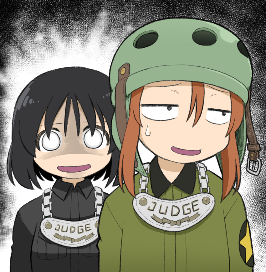 2girls aura black_hair black_shirt brown_hair dark_aura empty_eyes girls_und_panzer girls_und_panzer_saishuushou gorget green_jacket helmet helmet-chan_(girls_und_panzer) highres inatomi_hibiki jacket japanese_tankery_league_judge_uniform multiple_girls saunders_military_uniform shirt spoilers star_(symbol) sweatdrop tank_helmet yunji