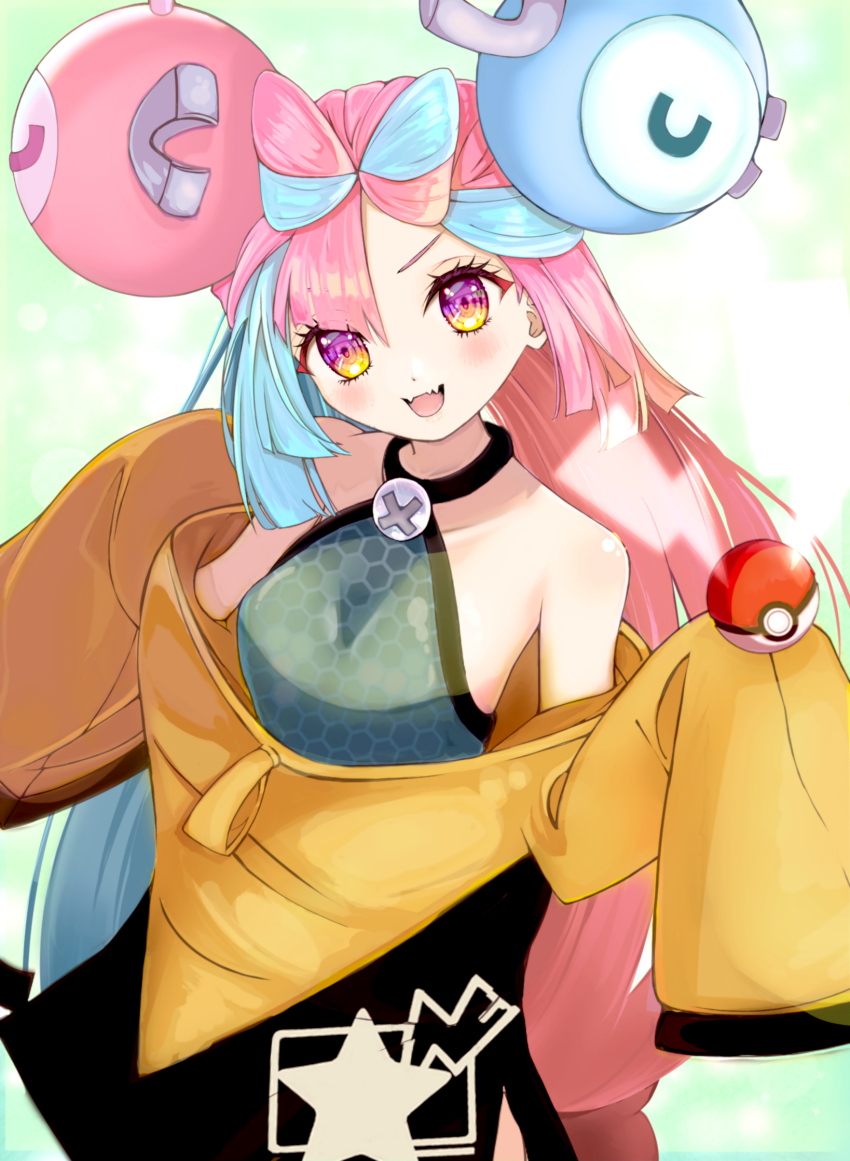 1girl creatures_(company) game_freak iono_(pokemon) multicolored_hair nintendo open_mouth poke_ball poke_ball_(basic) pokemon pokemon_sv sharp_teeth solo teeth two-tone_hair x