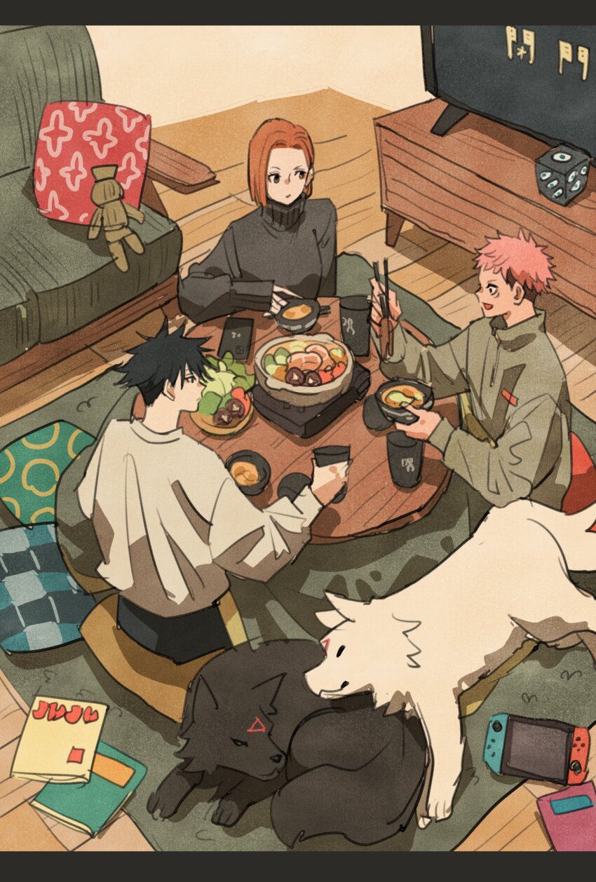 1girl 2boys black_hair black_sweater book bowl brown_hair chopsticks commentary_request dog fushiguro_megumi gyokuken highres holding holding_bowl holding_chopsticks indoors itadori_yuuji jujutsu_kaisen kotatsu kugisaki_nobara letterboxed multiple_boys nintendo_switch pillow pink_hair short_hair sitting smile spiked_hair sweater table takeuchi_ryousuke television under_kotatsu under_table undercut wolf