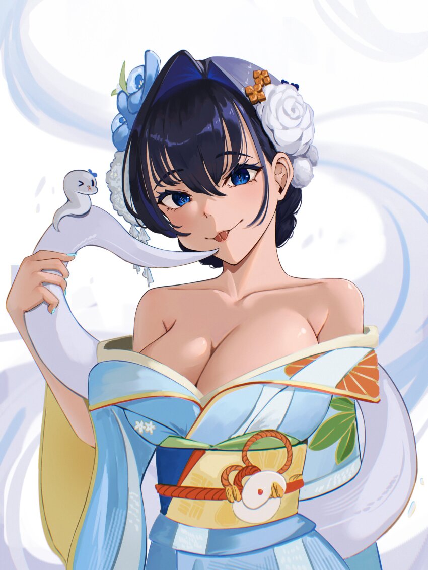 1girl absurdres bare_shoulders blue_eyes blue_hair boros_(ouro_kronii) breasts cleavage closed_mouth commentary eipanguino english_commentary flower forked_tongue hair_flower hair_intakes hair_ornament highres hololive hololive_english japanese_clothes kimono large_breasts looking_at_viewer obi ouro_kronii ouro_kronii_(new_year) sash short_hair simple_background solo tongue tongue_out upper_body virtual_youtuber white_background