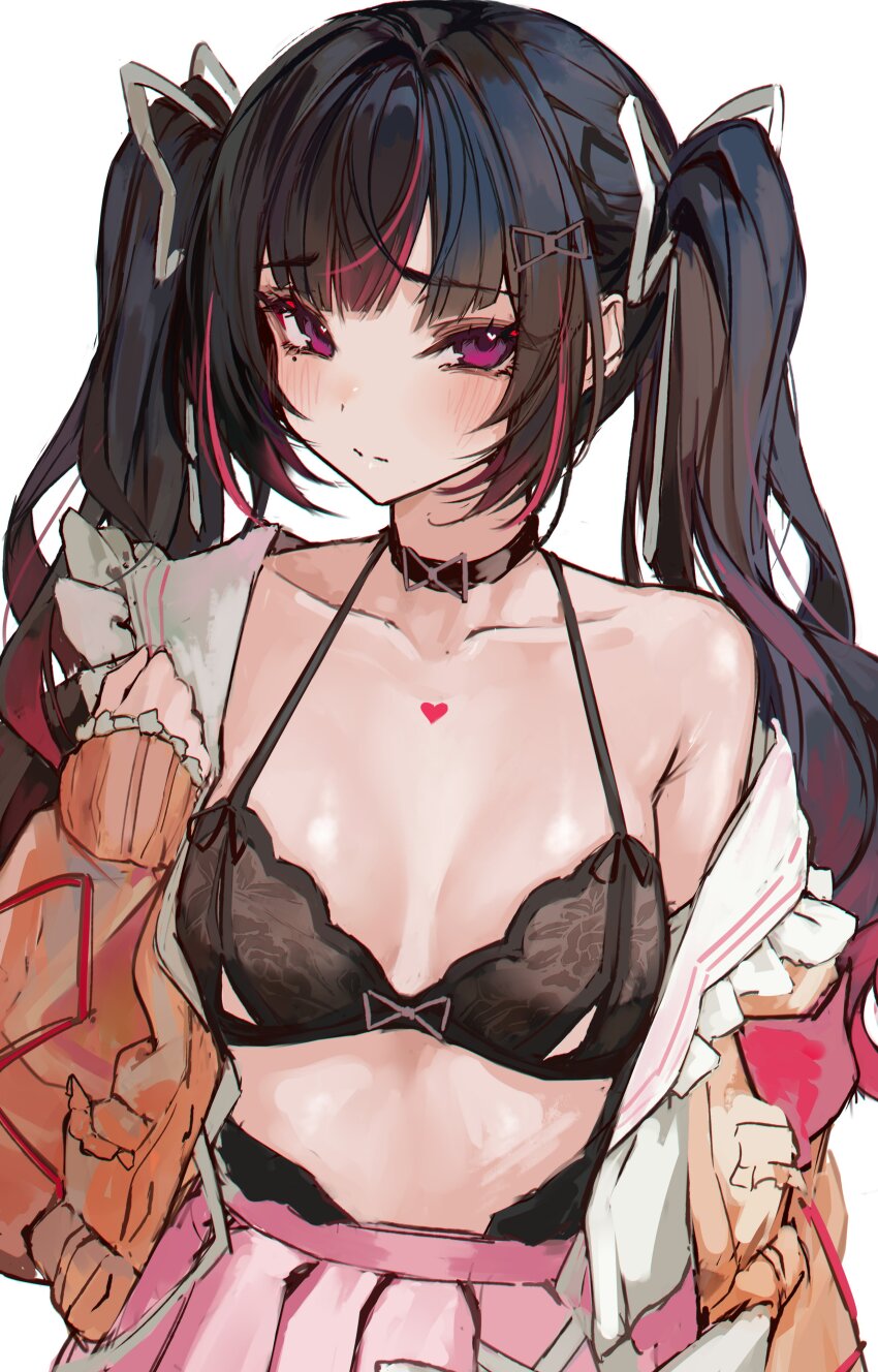 1girl absurdres black_bra black_choker black_hair blush bra breasts choker closed_mouth hair_ribbon highres himemiya_rie himemiya_rie_(1st_costume) jacket long_hair long_sleeves looking_at_viewer multicolored_hair naokomama open_clothes open_jacket phase_connect pink_skirt purple_eyes red_hair ribbon simple_background skirt small_breasts solo streaked_hair twintails underwear virtual_youtuber white_background white_ribbon yellow_jacket