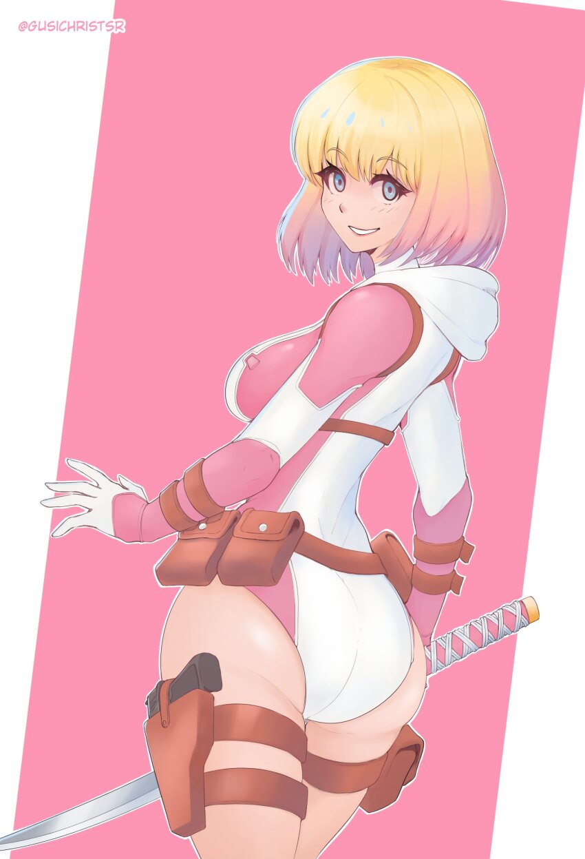 1girl animification ass bodysuit fortnite gusichristsr gwenpool highres hood hooded_bodysuit hooded_leotard leotard marvel multicolored_leotard pink_bodysuit pink_leotard pouch superhero_costume weapon wrist_guards wrist_straps