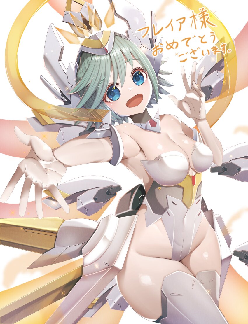 1girl absurdres aonori00 blue_eyes breasts cleavage commentary_request detached_wings green_hair groin highres leotard looking_at_viewer open_mouth original simple_background smile solo translation_request white_background wings