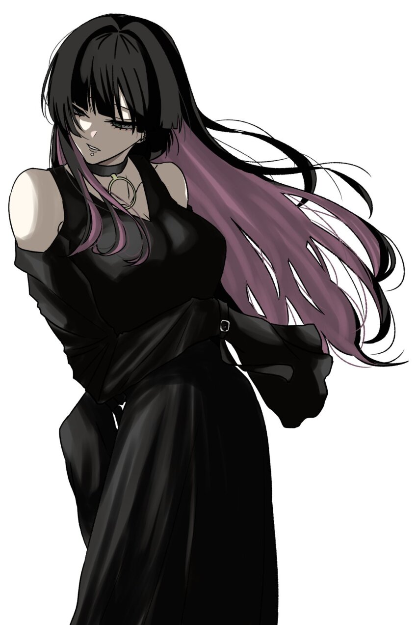 1girl black_choker black_dress black_hair blunt_bangs bocchi_the_rock! breasts choker cleavage clothing_cutout collarbone dress earrings expressionless floating_hair highres hime_cut jewelry large_breasts long_dress long_hair long_sleeves pa-san parted_lips purple_eyes shoulder_cutout simple_background sleeves_past_fingers sleeves_past_wrists solo very_long_hair white_background yukahire