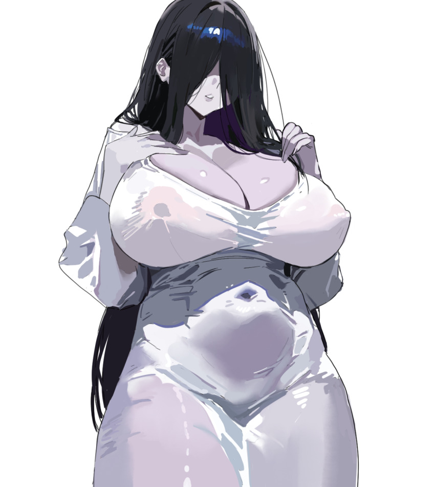 1girl black_hair breasts covered_erect_nipples hair_over_eyes highres hintobento huge_breasts long_hair navel pale_skin see-through_clothes the_ring white_background yamamura_sadako