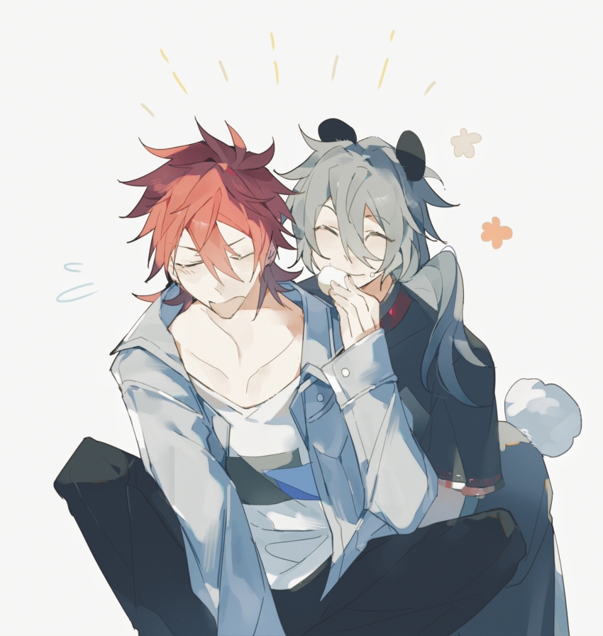 2boys ^_^ absurdres amagi_rinne animal_ears black_pants black_shirt chinese_commentary closed_eyes closed_mouth commentary_request ensemble_stars! flying_sweatdrops grey_hair grey_jacket hair_between_eyes happy_aura highres jacket kemonomimi_mode long_hair long_sleeves male_focus multiple_boys open_clothes open_jacket panda_boy panda_ears panda_tail pants red_hair shiina_niki shirt simple_background sitting smile tail tie_fei_wu_mang_dashuai white_background white_shirt