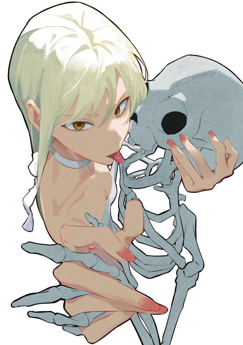 1girl 7ife absurdres blonde_hair commentary english_commentary from_above highres holding_hands long_hair original piercing pink_nails simple_background skeleton skull tongue tongue_out tongue_piercing white_background