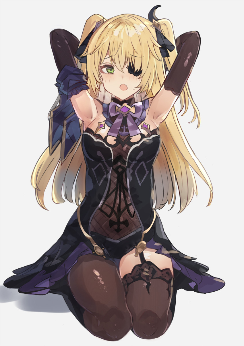 1girl :o armpits arms_behind_head arms_up black_dress black_ribbon blonde_hair blush bow bowtie breasts brown_gloves brown_thighhighs dress elbow_gloves eyepatch fischl_(genshin_impact) full_body garter_straps genshin_impact gloves green_eyes hair_ribbon highres long_hair looking_at_viewer medium_breasts open_mouth purple_bow purple_bowtie ribbon seiza sitting solo the_olphy thighhighs two_side_up very_long_hair