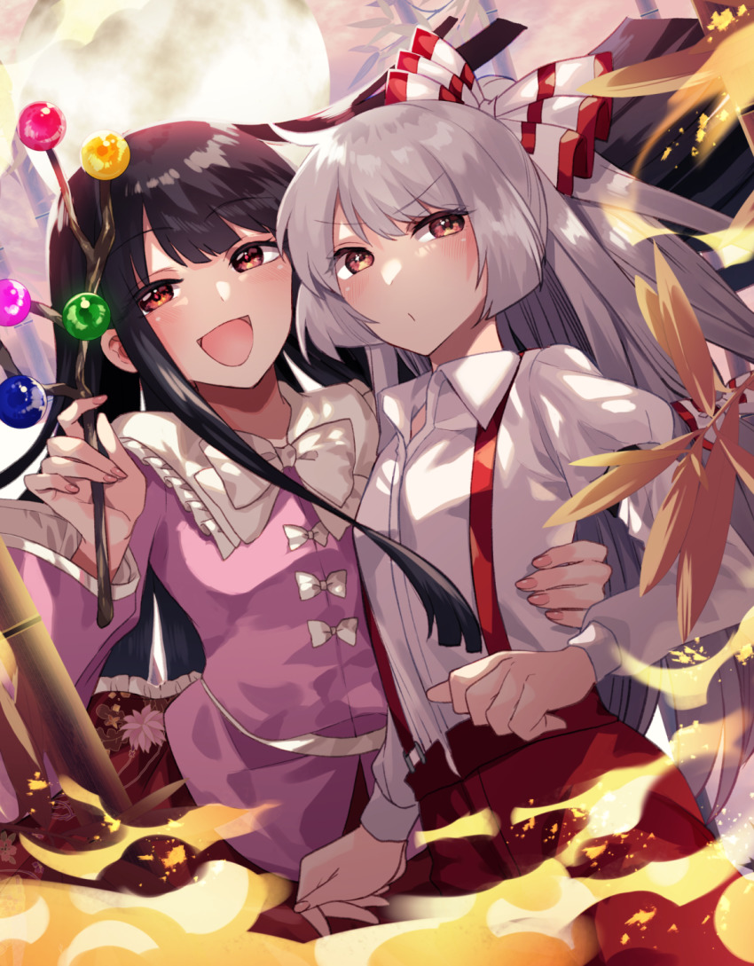 2girls :d arm_around_waist arm_strap bamboo black_hair bow bowtie branch closed_mouth collared_shirt commentary cowboy_shot fire frilled_shirt_collar frilled_skirt frills fujiwara_no_mokou full_moon hair_bow highres houraisan_kaguya jeweled_branch_of_hourai juliet_sleeves katayama_kei long_hair long_sleeves looking_at_viewer moon multiple_girls nail_polish open_mouth pants pink_nails pink_shirt puffy_sleeves red_bow red_eyes red_pants red_skirt shirt shirt_bow sidelocks skirt smile suspenders touhou two-tone_bow v-shaped_eyebrows very_long_hair white_bow white_bowtie white_hair white_shirt wide_sleeves wing_collar