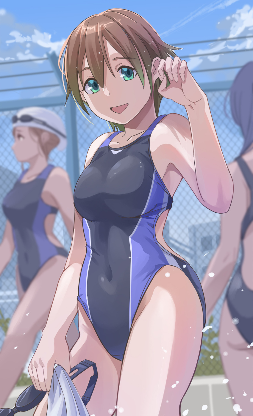 1girl blurry blurry_background breasts brown_hair cloud collarbone commission competition_swimsuit covered_navel fence goggles green_eyes highleg highleg_one-piece_swimsuit highres looking_at_viewer medium_breasts multiple_girls nikulas_cage one-piece_swimsuit open_mouth original pixiv_commission short_hair sky solo_focus swim_cap swim_goggles swimsuit unworn_goggles unworn_swim_cap