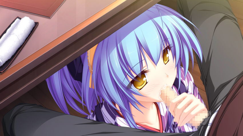 1boy 1girl black_pants blue_hair blush censored collarbone fellatio game_cg hetero highres hiiragi_tsukino maikaze_no_melt mosaic_censoring oral pants penis ribbon short_hair under_table whirlpool yellow_eyes yellow_ribbon