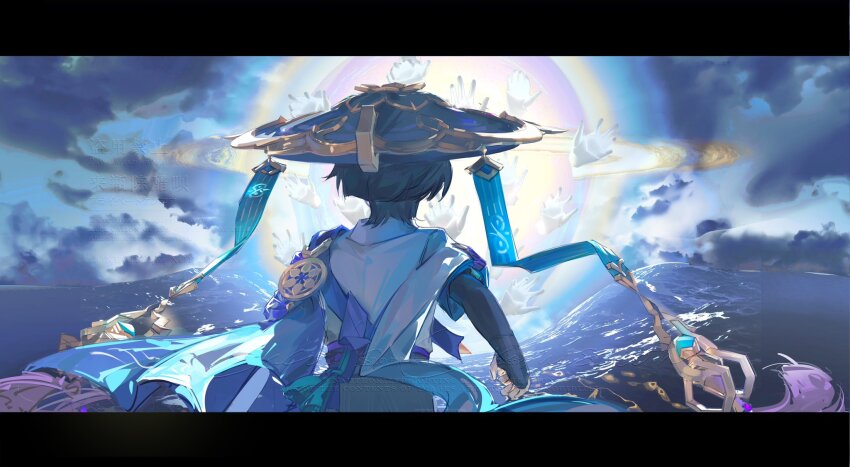 1boy aqua_sleeves armor black_border black_hair blue_cape blue_hat blunt_ends border bridal_gauntlets cape clenched_hand cloud cloudy_sky dterl from_behind genshin_impact hat highres japanese_armor japanese_clothes kimono kote kurokote layered_sleeves letterboxed male_focus ocean parting_water running scaramouche_(genshin_impact) short_sleeves sky solo split_ocean tassel upper_body wanderer_(genshin_impact) watermark white_hole white_kimono white_sleeves