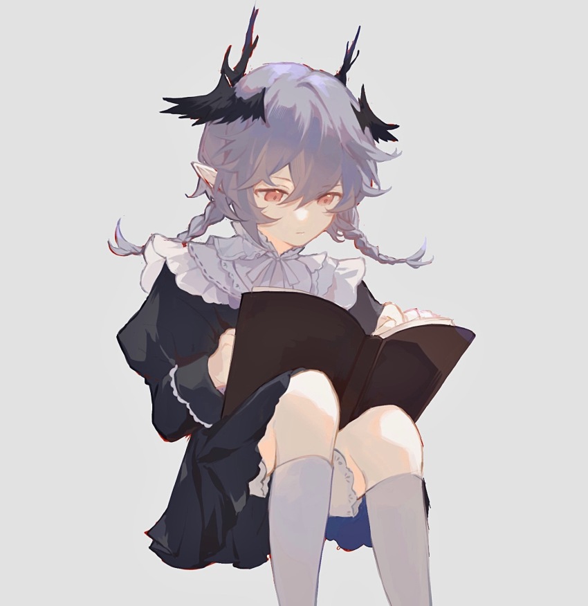 1boy aged_down arknights black_dress book braid braided_twintails chinese_commentary collar commentary crossdressing dress foot_out_of_frame frilled_collar frills grey_background grey_hair hair_between_eyes head_wings highres horns intblue_(sunnudagur) invisible_chair juliet_sleeves kneehighs logos_(arknights) long_sleeves male_focus open_book pointy_ears puffy_sleeves reading red_eyes shorts shorts_under_dress simple_background sitting socks solo white_shorts white_socks wings