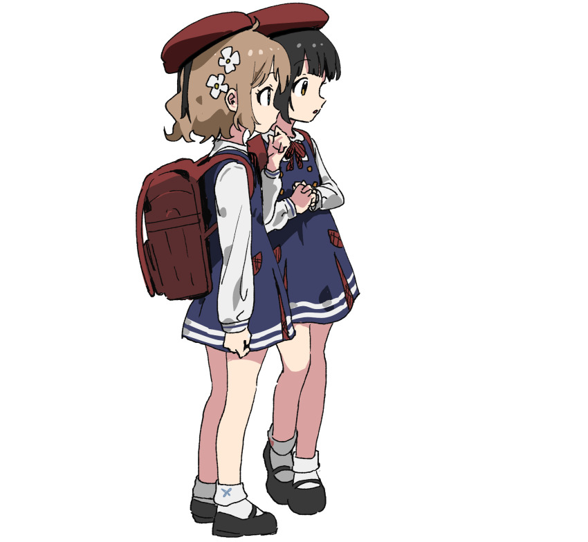 2girls ahoge backpack bag beret black_footwear black_hair blue_dress blunt_bangs bow bowtie brown_eyes brown_hair child dress elementary_schoolmate_(idolmaster) eyelashes flat_chest flower from_side full_body hair_flower hair_ornament hand_up hat highres idolmaster idolmaster_million_live! idolmaster_million_live!_theater_days itohari_(mamiiori1) long_sleeves looking_ahead mary_janes medium_hair multiple_girls nakatani_iku official_alternate_costume own_hands_together parted_lips pinafore_dress randoseru red_bag red_bow red_bowtie red_hat shirt shoes short_hair simple_background sleeveless sleeveless_dress socks standing suou_momoko uniform_series_(idolmaster) wavy_hair white_background white_shirt white_socks