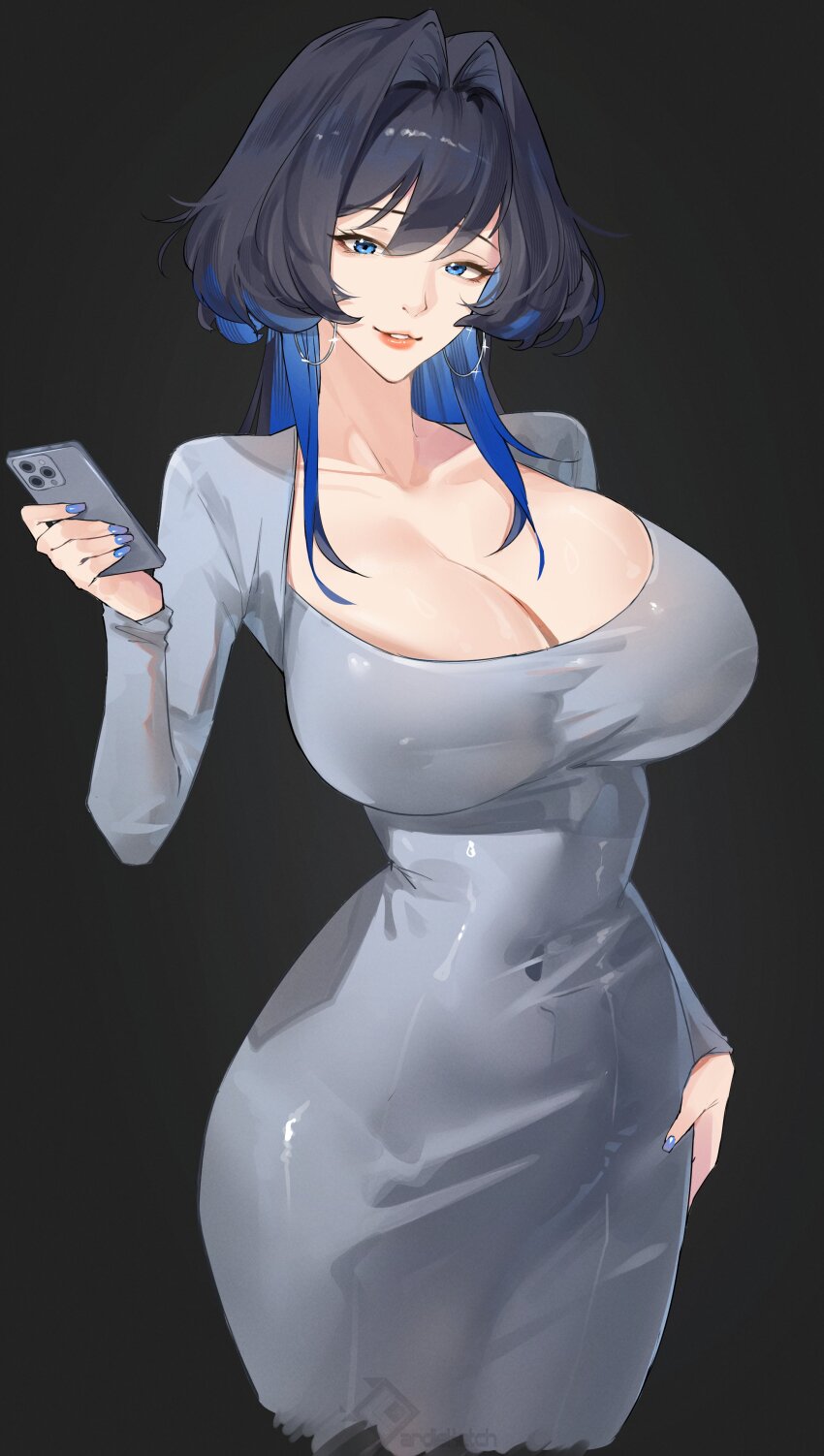 1girl absurdres alternate_costume black_background black_hair blue_eyes blue_hair blue_nails blush breasts cellphone cleavage covered_navel dongtan_dress dress earrings grey_dress highres holding holding_phone holocouncil hololive hololive_english jewelry large_breasts long_hair long_sleeves looking_at_viewer meme_attire multicolored_hair ouro_kronii phone quezsparta quezsparta short_hair simple_background smartphone smile solo virtual_youtuber