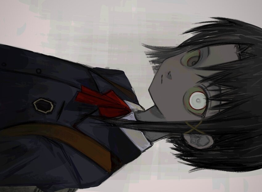 1girl asymmetrical_hair bad_id bad_twitter_id blazer blue_jacket brown_hair closed_mouth expressionless grey_background grey_eyes hair_ornament hairclip heterochromia highres iniooooo iwakura_lain jacket looking_at_viewer neck_ribbon red_ribbon ribbon school_uniform serial_experiments_lain short_hair sideways simple_background single_sidelock solo upper_body white_eyes x_hair_ornament