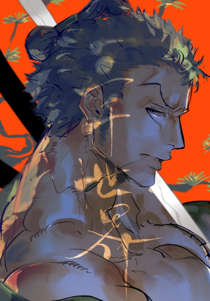 1boy chonmage close-up closed_mouth commentary_request green_hair highres male_focus mrjieshisu one_piece profile red_background roronoa_zoro short_hair sideburns simple_background solo topknot v-shaped_eyebrows