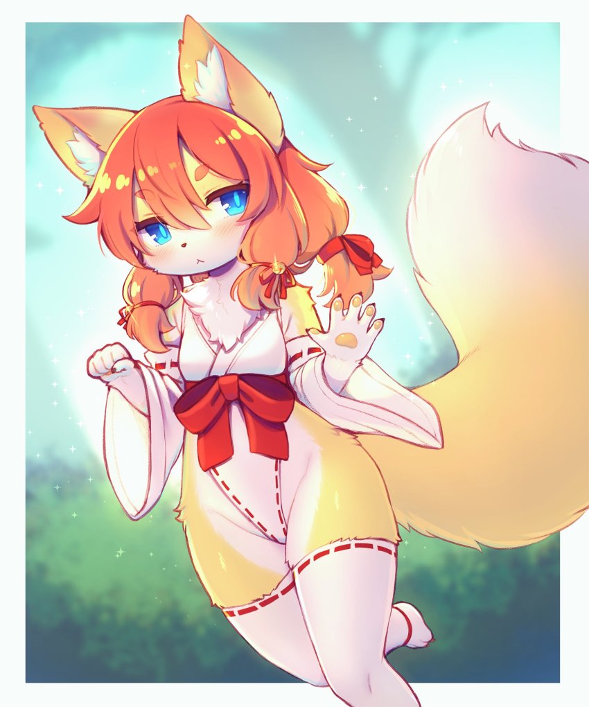 1girl :&lt; animal_ear_fluff animal_ears animal_hands blue_eyes blush body_fur brown_hair crunchobar detached_sleeves fox_ears fox_girl fox_tail furry furry_female groin highleg highleg_leotard highres japanese_clothes leg_up leotard long_hair miko original outdoors ribbon solo standing standing_on_one_leg tail thighhighs thighs toeless_legwear twintails white_leotard white_sleeves white_thighhighs