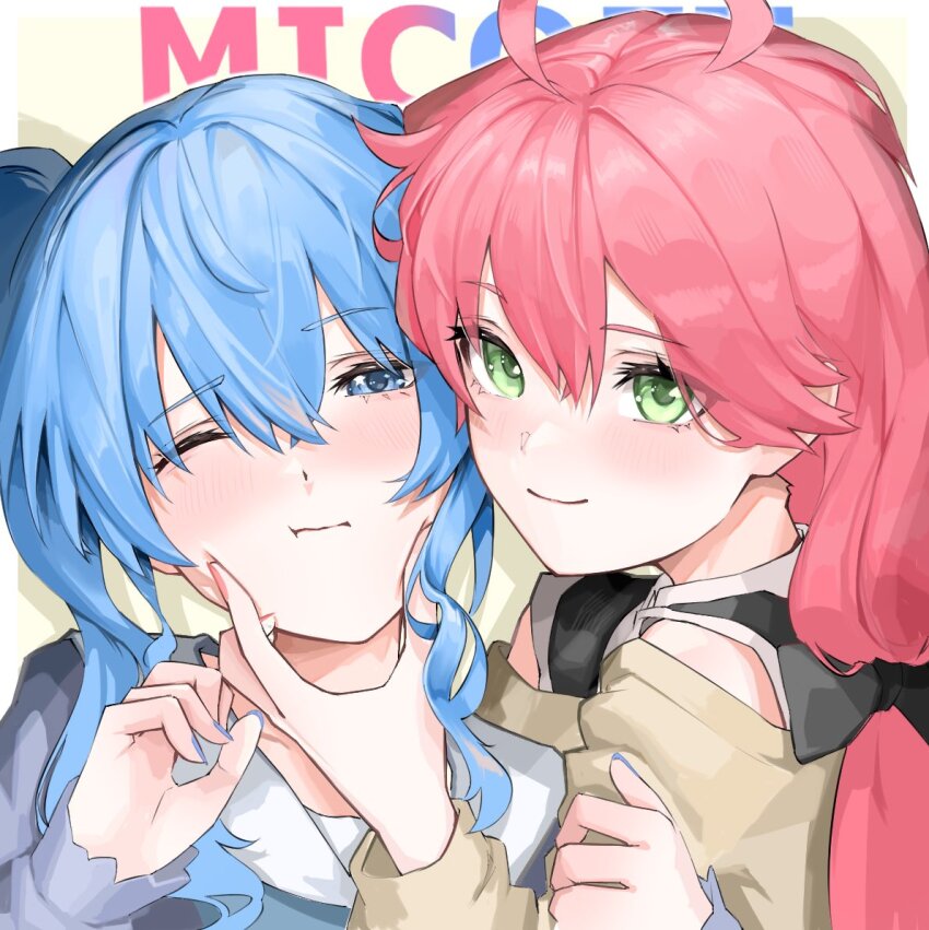 2girls 9tk9m ahoge black_bow blue_eyes blue_hair bow close-up closed_mouth green_eyes hair_bow hand_on_another&#039;s_cheek hand_on_another&#039;s_face hololive hoshimachi_suisei long_sleeves multiple_girls nail_polish pink_hair sakura_miko sakura_miko_(casual) side_ponytail sidelocks single_sidelock virtual_youtuber wavy_sidelocks yuri