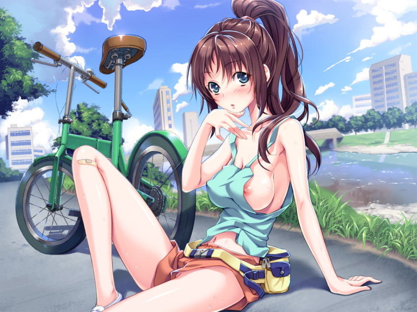 1girl arm_support bandaid bandaid_on_knee bandaid_on_leg bare_legs bare_shoulders bicycle breasts brown_hair cloud covered_erect_nipples day female_focus full_body grass jasmine_tea large_breasts long_hair looking_at_viewer midriff_peek navel nipple_slip nipples no_bra no_panties original ponytail river short_shorts shorts sideboob sitting sky sleeveless solo sweat tank_top tree