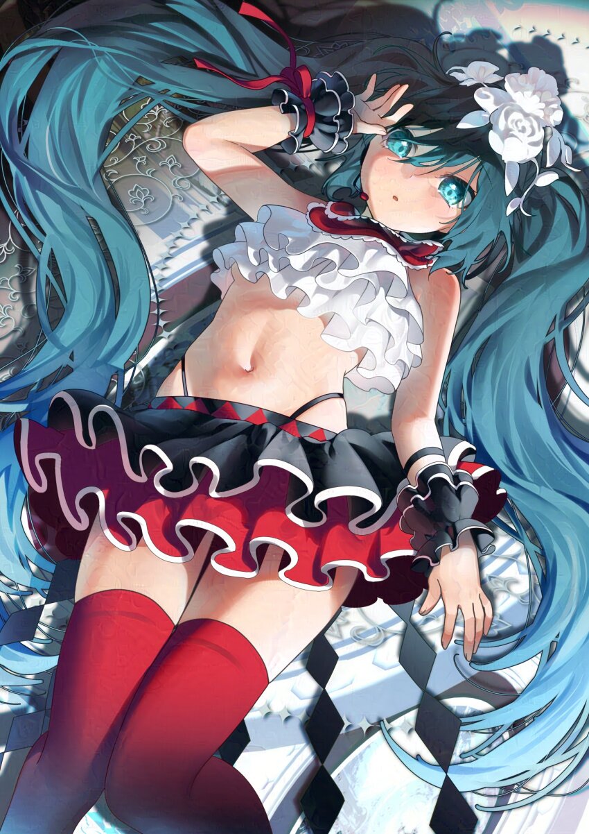 1girl black_skirt bless_you_(module) commentary flower adversarial_noise green_eyes green_hair hair_between_eyes hair_flower hair_ornament hatsune_miku highres kirisaki_shuusei long_hair looking_at_viewer lying navel nisoku_hokou_(vocaloid) on_back open_mouth project_diva_(series) red_thighhighs skirt solo thighhighs twintails very_long_hair vocaloid white_flower