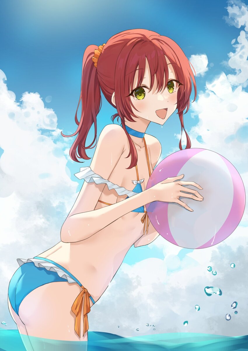 1girl :d alternate_costume alternate_hairstyle ass ball beachball bikini blue_bikini blue_choker blue_sky blush bocchi_the_rock! breasts choker cloud commentary_request day frilled_bikini frills from_side front-tie_bikini_top front-tie_top green_eyes hair_between_eyes hair_ornament hair_scrunchie highres holding holding_ball holding_beachball kanaria_hisagi kita_ikuyo long_hair long_sidelocks looking_at_viewer open_mouth orange_scrunchie outdoors ponytail scrunchie side-tie_bikini_bottom sidelocks sky small_breasts smile solo string_bikini swimsuit twisted_torso wading