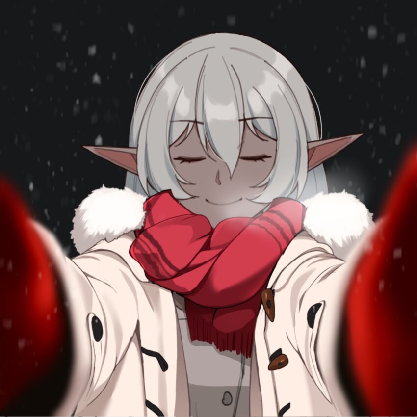 1girl closed_eyes coat dark_elf elf fur_trim grey_hair highres light_smile mawaridi meme mittens original outdoors pointy_ears pov_cheek_warming_(meme) reaching reaching_towards_viewer red_mittens red_scarf scarf snow solo winter_clothes winter_coat yvonne_(mawaridi)