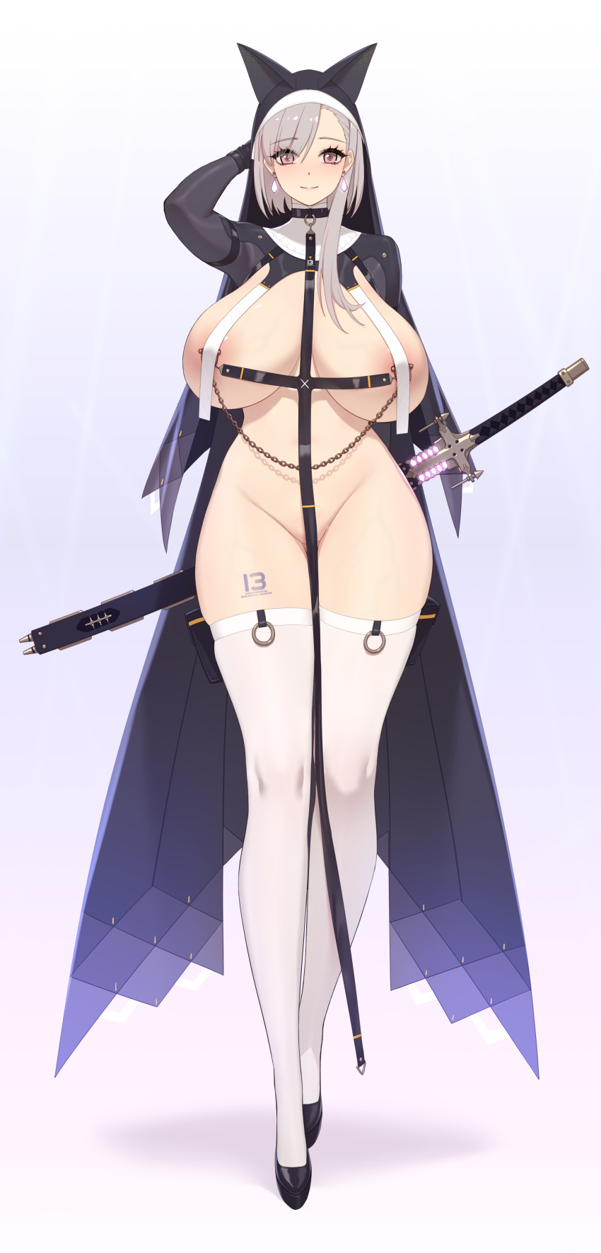 1girl absurdres animal_ears breast_curtains fake_animal_ears highres holding holding_sword holding_weapon nipple_chain nipple_piercing nun original piercing rekaerb_maerd sword weapon