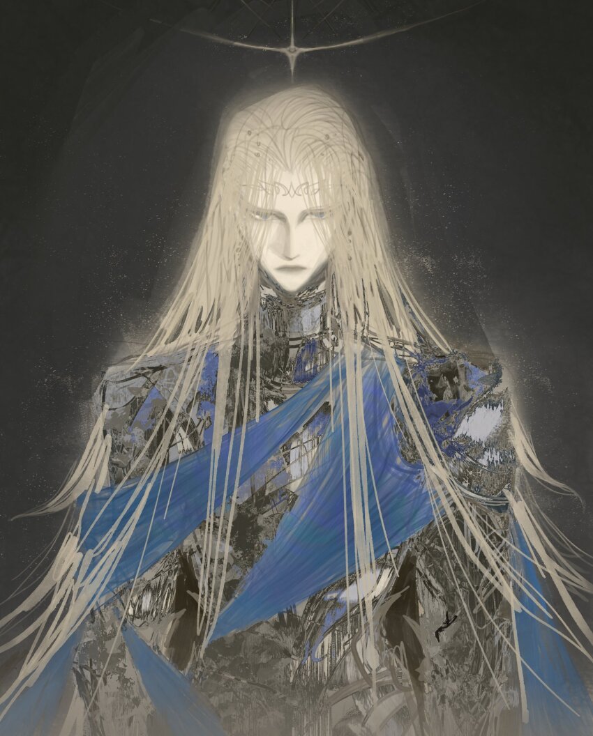 1boy armor blonde_hair blue_cape blue_eyes cape choker circlet closed_mouth commentary elden_ring ellphael english_commentary facing_viewer godwyn_the_golden gold_circlet great_rune_(elden_ring) grey_background highres long_hair looking_at_viewer ornate_armor prince