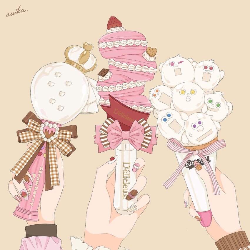 3girls asuka_(a20_suka002018) bow chocolate commentary_request copyright_request crown english_text food fruit gingham glowstick graham_cracker heart highres holding holding_food holding_ice_cream ice_cream ice_cream_cone macaron multiple_girls nail_art nail_polish object_focus original out_of_frame penlight_(glowstick) simple_background strawberry strawberry_prince