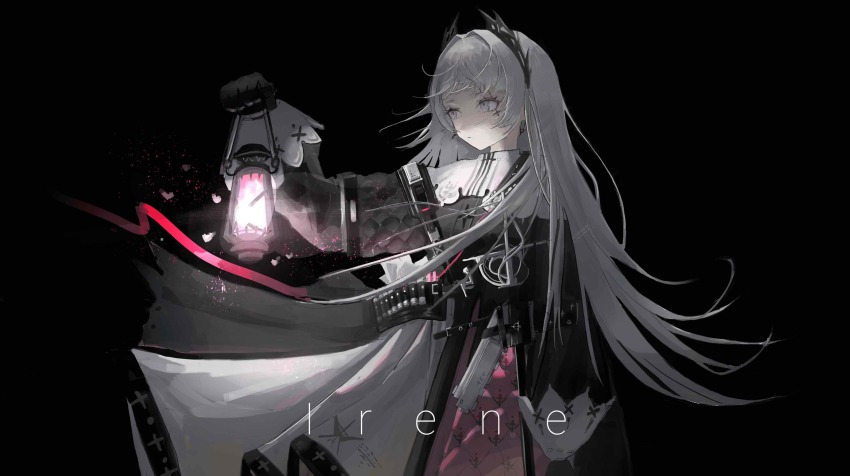 1girl absurdres arknights bandolier belt black_background black_jacket capelet character_name chinese_commentary commentary_request dress grey_hair gun hair_intakes handgun head_wings highres holding holding_lantern irene_(arknights) jacket lantern long_hair patterned_clothing pink_ribbon pink_skirt puffy_sleeves ribbon scar scar_across_eye scar_on_face simple_background skirt solo sword weapon white_capelet white_dress wings