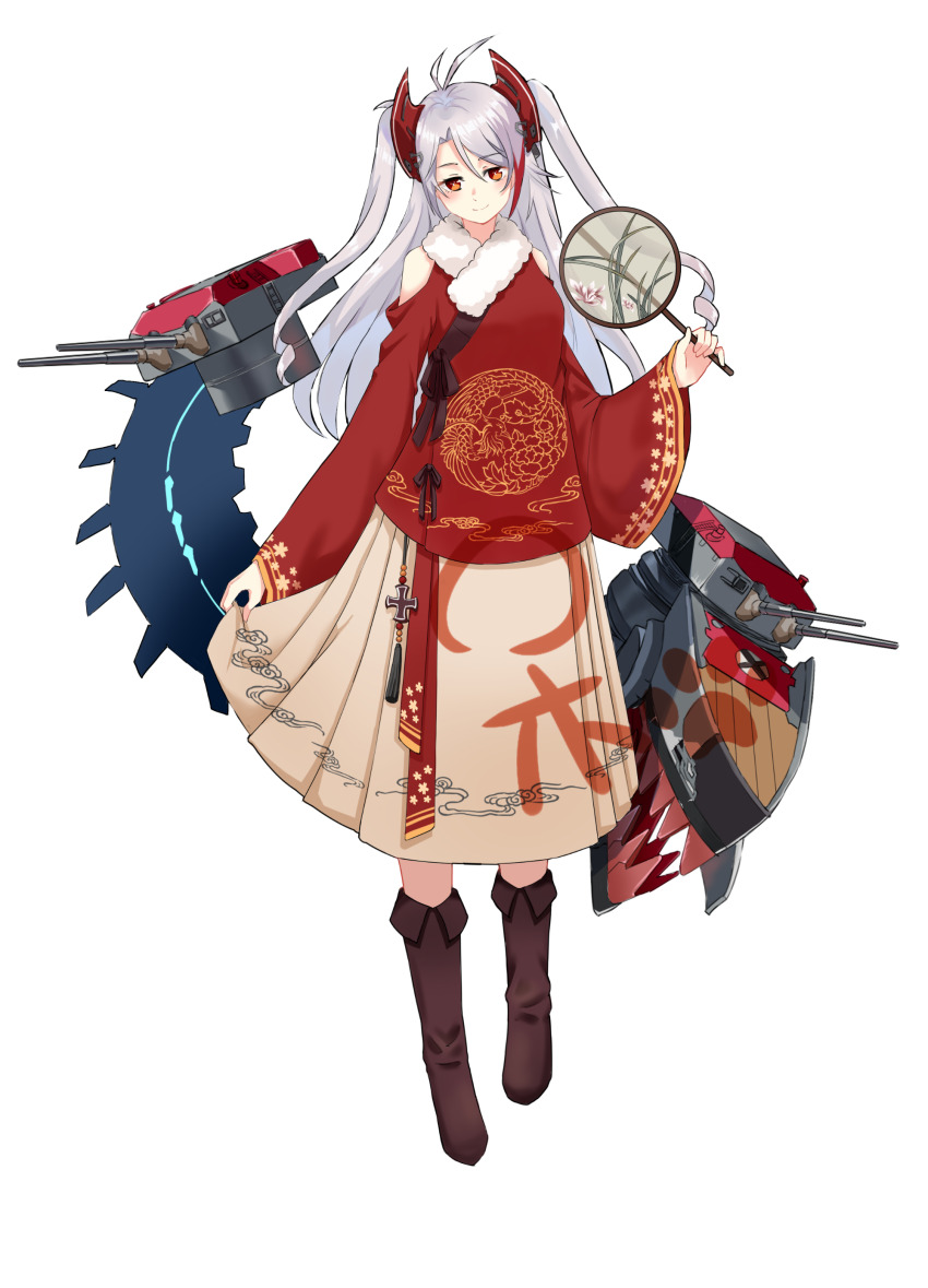 1girl absurdres alternate_costume antenna_hair aoqun azur_lane black_background blush boots breasts brown_footwear chinese_clothes closed_mouth folding_fan full_body grey_hair hair_between_eyes hand_fan hanfu headgear highres holding holding_fan jiaoling_ruqun long_hair long_sleeves looking_at_viewer machinery multicolored_hair paper_fan prinz_eugen_(azur_lane) red_hair rigging simple_background skirt smile solo standing streaked_hair tuanshan turret two_side_up uchiwa white_hair wide_sleeves zheizhi_daimiao