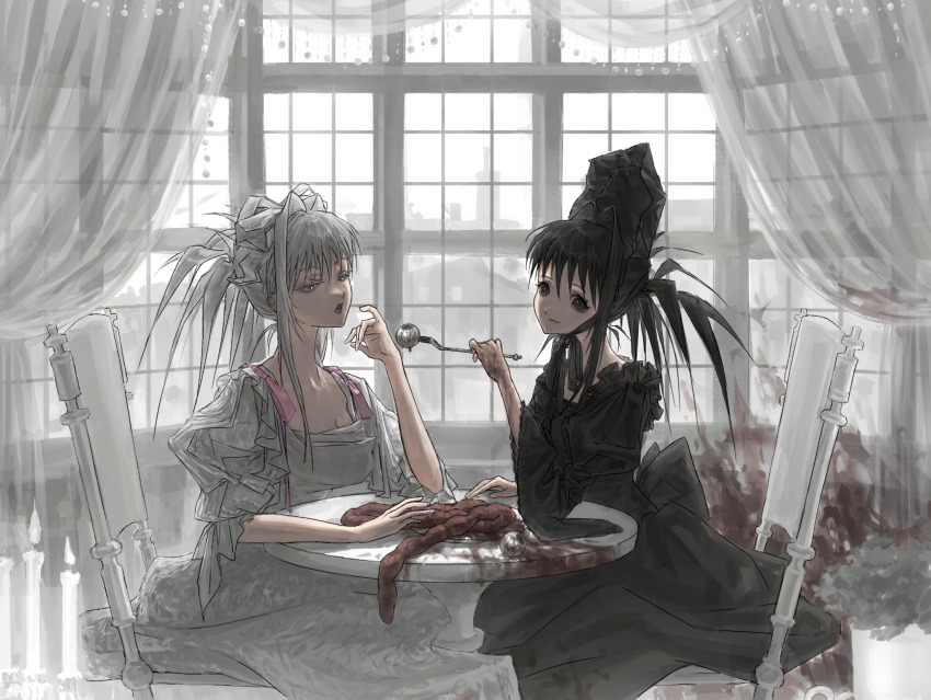 2girls black_dress black_eyes black_hair blood blood_on_clothes curtains dress eating eyeball fork frilled_dress frills hair_intakes hat highres holding holding_fork indoors intestines long_hair multiple_girls on_chair original see-through_curtains sitting twintails white_dress white_eyes white_hair window zhenkongbunengchuansheng