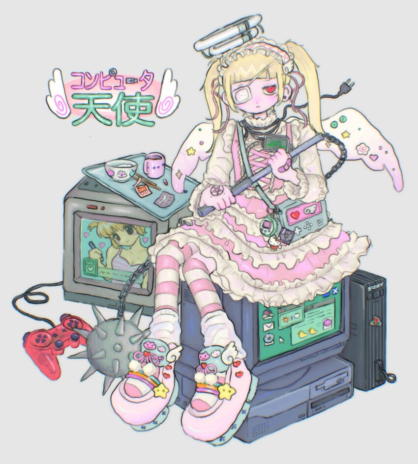 1girl bag_charm blonde_hair charm_(object) commentary computer crt decora desktop_(computing) dress eyepatch full_body game_console hello_kitty hello_kitty_(character) highres holding holding_mace holding_weapon lolita_fashion looking_at_viewer mace monitor original pink_dress playstation_2 playstation_controller r_m_c_3 red_eyes sanrio simple_background sitting solo sony sweet_lolita symbol-only_commentary tamagotchi tamagotchi_(classic) tamagotchi_(virtual_pet) translation_request visual_novel weapon white_background wings yume_kawaii