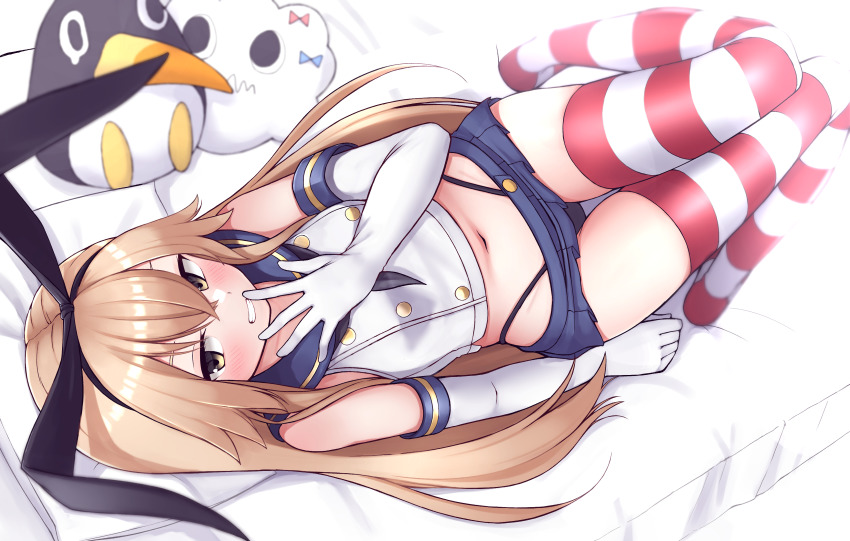 1girl absurdres bed_sheet black_neckerchief black_panties blonde_hair blue_sailor_collar blue_skirt blush crop_top elbow_gloves failure_penguin gloves grin hair_between_eyes highleg highleg_panties highres kantai_collection long_hair lying miniskirt miss_cloud navel neckerchief on_back panties pillow pleated_skirt sailor_collar school_uniform serafuku shimakaze_(kancolle) skirt sleeveless smile solo striped_clothes striped_thighhighs thighhighs tiemu_(man190) underwear white_gloves yellow_eyes