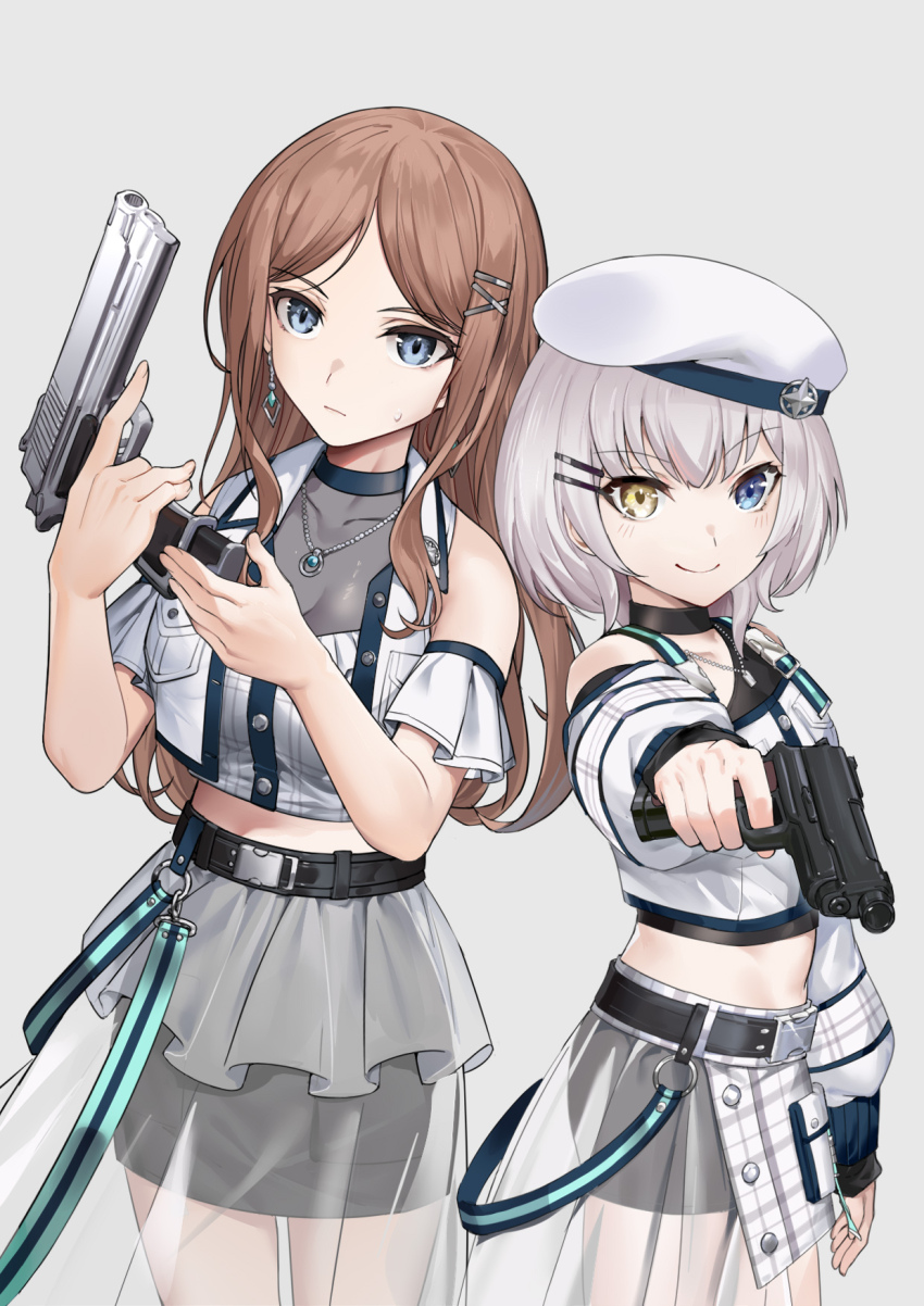 2girls 463_jun bang_dream! bang_dream!_it&#039;s_mygo!!!!! beret black_choker black_skirt blue_eyes blush breasts brown_hair choker cleavage closed_mouth commentary covered_collarbone crop_top earrings finger_on_trigger gun hair_ornament hairclip half-skirt handgun hashtag-only_commentary hat heterochromia highres holding holding_gun holding_weapon jewelry kaname_raana long_hair long_sleeves medium_breasts midriff multiple_girls nagasaki_soyo necklace off_shoulder parted_bangs plaid_clothes plaid_skirt see-through_cleavage see-through_clothes see-through_skirt short_hair skirt smile weapon weapon_request white_background white_hair white_hat white_skirt yellow_eyes