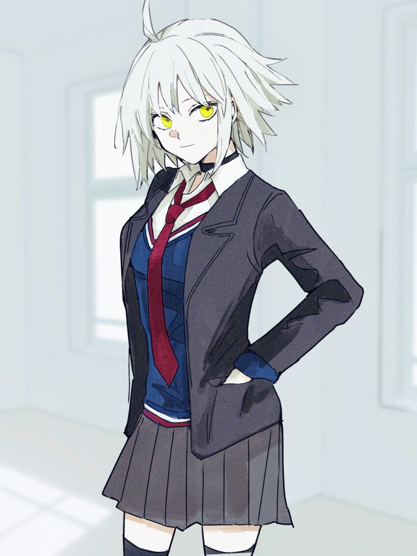 1girl ahoge black_choker black_jacket black_skirt blue_vest choker closed_mouth collared_shirt commentary_request fate/grand_order fate_(series) hands_in_pockets highres jacket jeanne_d&#039;arc_alter_(fate) ki_wa001 looking_at_viewer necktie official_alternate_costume open_clothes open_jacket pleated_skirt pocket red_necktie shirt short_hair skirt smile solo vest white_hair white_shirt