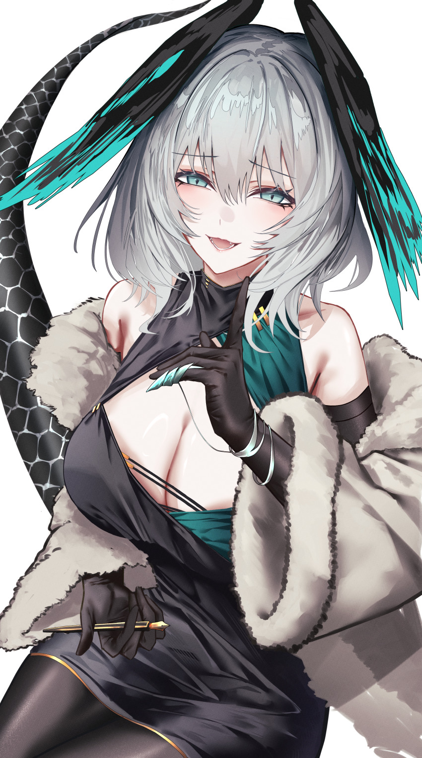 1girl absurdres alternate_costume arknights bare_shoulders black_dress black_gloves black_pantyhose black_wings blush breasts cleavage cleavage_cutout clothing_cutout coat commentary_request dress gloves green_eyes green_wings grey_coat grey_hair hair_between_eyes head_wings highres ho&#039;olheyak_(arknights) holding holding_pen index_finger_raised large_breasts looking_at_viewer medium_hair mo_komo_momo multicolored_wings nib_pen_(object) open_mouth pantyhose pen short_hair simple_background smile snake_tail solo tail white_background wings