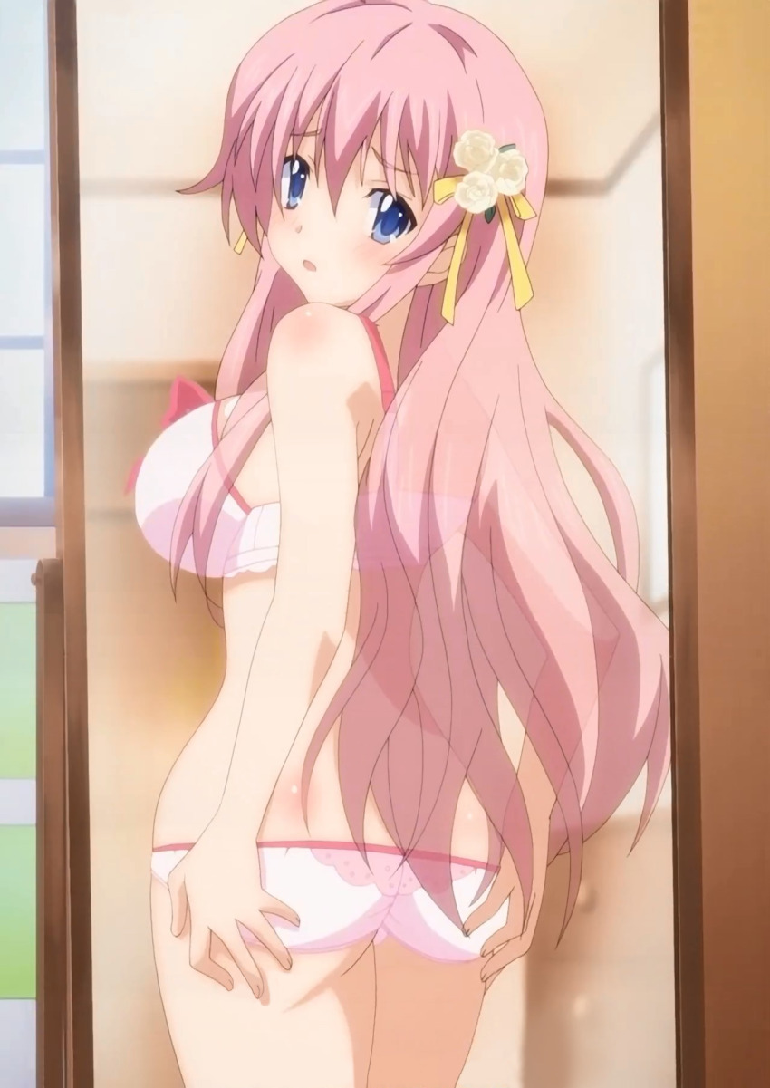 1girl anime_screenshot blue_eyes breasts hair_ornament hetero imouto_paradise! imouto_paradise!_2 incest large_breasts long_hair nanase_momoka panties pantyhose pink_hair siblings stitched third-party_edit underwear