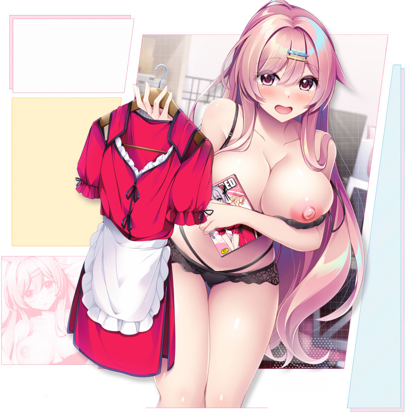 1girl black_bra black_panties blush book bra breasts collarbone dress hair_between_eyes hair_ornament hairclip highres holding holding_book holding_unworn_clothes holding_unworn_dress large_breasts long_hair looking_at_viewer mogupon nipple_slip nipples open_mouth original panties pink_eyes pink_hair red_dress sidelocks smile standing underwear unworn_dress very_long_hair