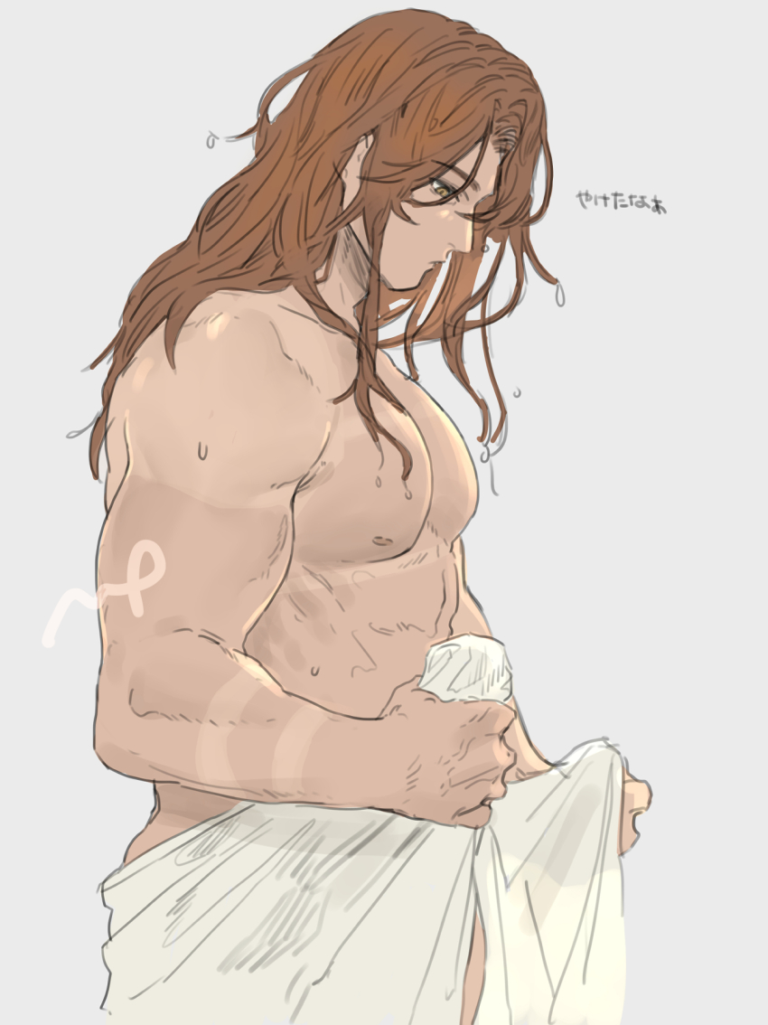 1boy abs bare_shoulders biceps brown_eyes brown_hair clenched_hands closed_mouth commentary cowboy_shot granblue_fantasy highres holding holding_towel long_hair looking_down male_focus momimomi open_towel pectorals profile siegfried_(granblue_fantasy) simple_background solo topless_male towel veins veiny_hands wet wet_hair white_background