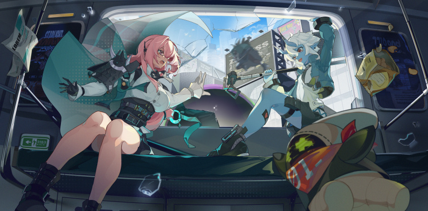 3girls absurdres animal_ears arm_up armor black_gloves black_hair blue_skin breasts broken_window colored_skin dress_shirt eous_(zenless_zone_zero) fox_ears fox_girl glasses gloves green_jacket greyscale hair_between_eyes highres horns hoshimi_miyabi jacket large_breasts long_hair monochrome multiple_girls oni open_mouth pencil_skirt pink_eyes pink_hair ring_hair_ornament shirt short_hair shoulder_armor sidelocks sitting skirt smile soukaku_(zenless_zone_zero) tsukishiro_yanagi white_shirt zenless_zone_zero zhileng_zhil